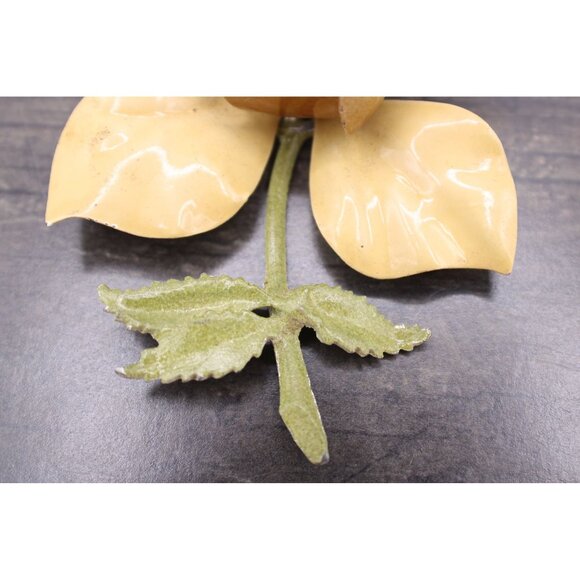 Vintage Enamel Yellow Flower Brooch Pin With Green Stem Large Petals 1970s 3x3" - Picture 3 of 9